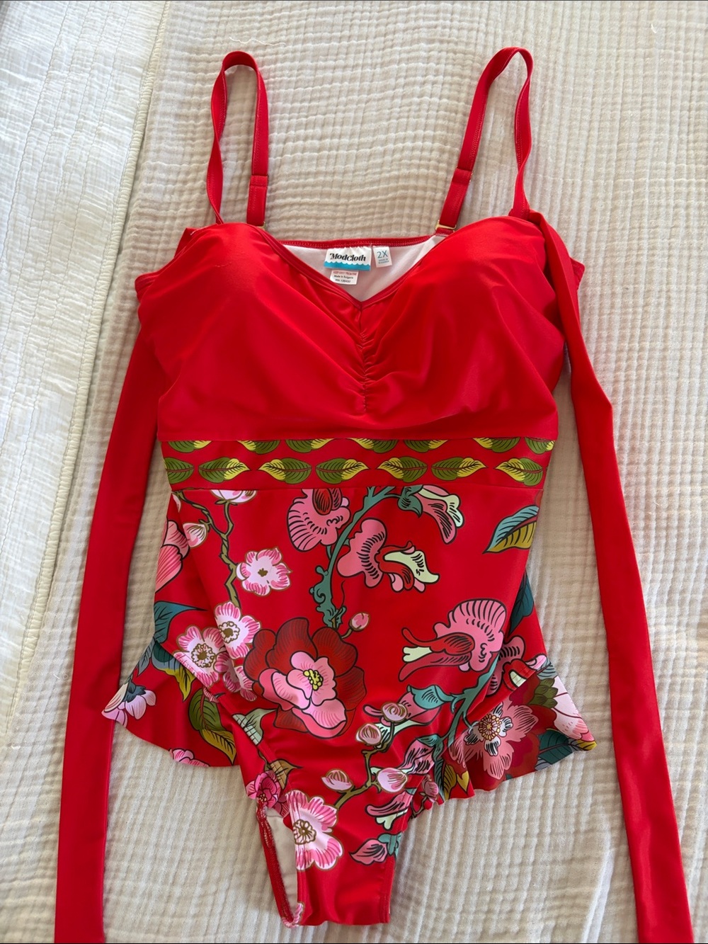 NEVER WORN. Modcloth Red Floral One-Piece Swim with Ruffle Hem